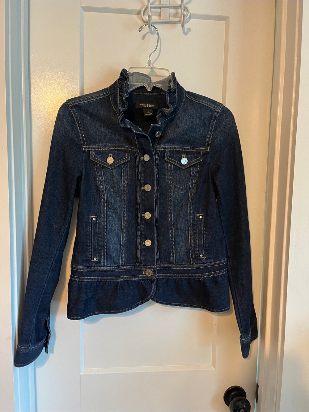 White House Black Market Dark Blue Ruffle-Hem Denim Jacket